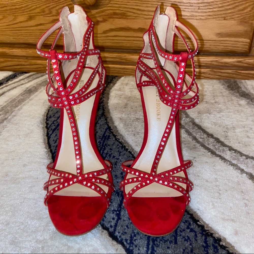 Audrey Brooke Red Strappy Rhinestone Heels